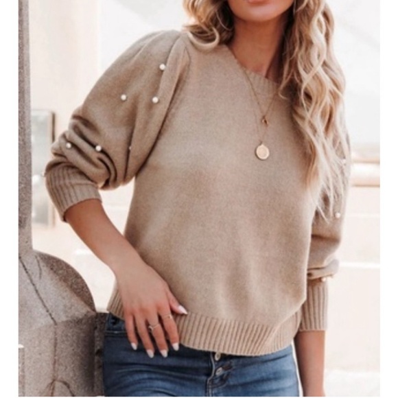 Lush Sweaters - Lush Women’s Tan Pearl Sleeve Sweater - XS
